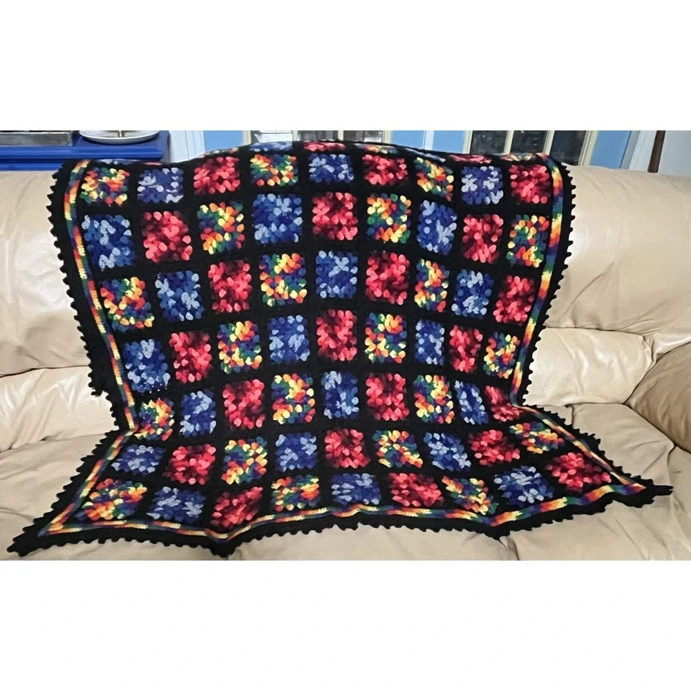 Granny Square Roseanne Black Multicolor Afghan Throw Blanket 76